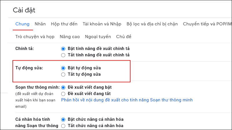 Giao diện bật/ tắt tính năng tự động sửa lỗi chính tả trong Gmail