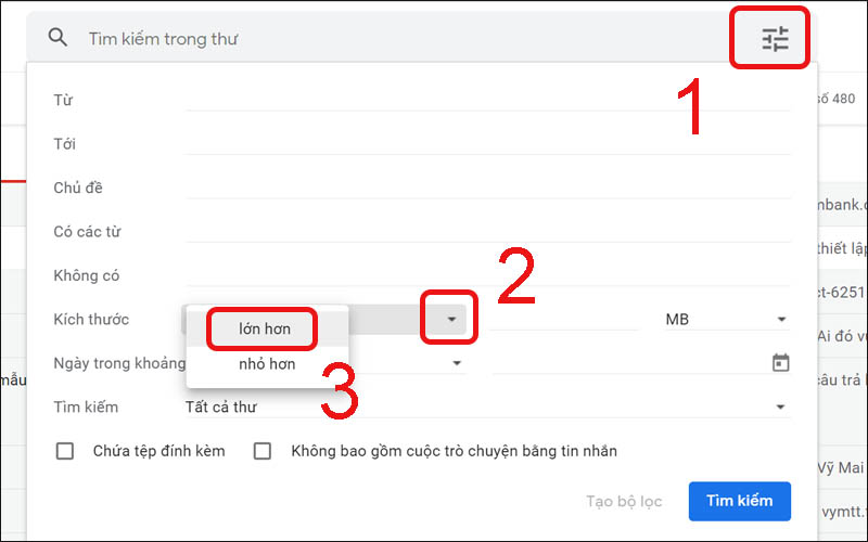 Chọn kích thước cho email muốn lọc