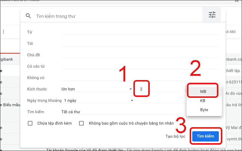 Tìm kiếm email theo kích thước thư