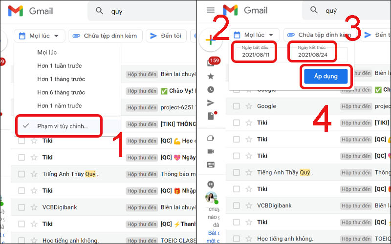 Tìm kiếm email trong khoảng thời gian rộng