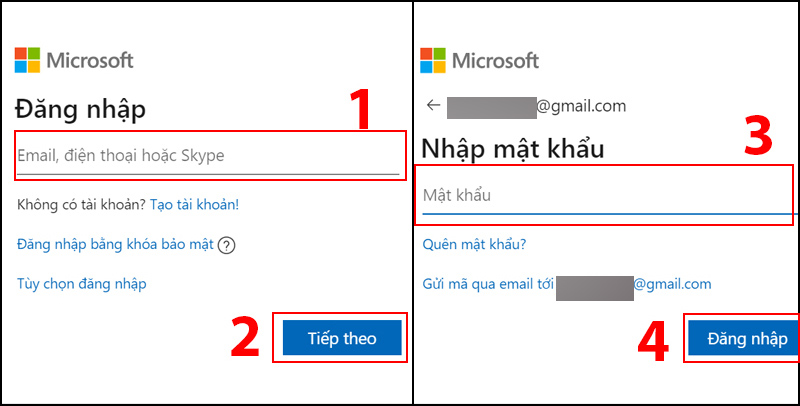 Đăng nhập vào tài khoản Outlook  > Nhập Email, điện thoại hoặc Skype > Chọn Tiếp theo > Nhập mật khẩu của bạn > Chọn Đăng nhập.