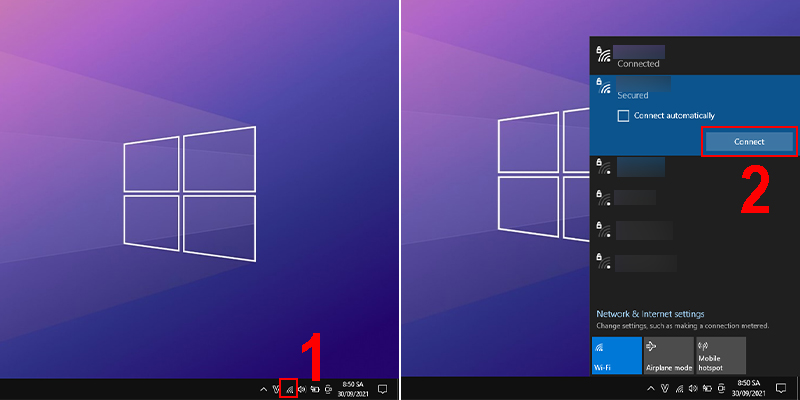 Ở thanh Taskbar > Ấn vào biểu tượng WiFi