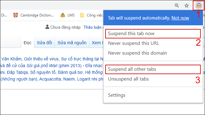 Tùy chọn tạm ngưng tab 