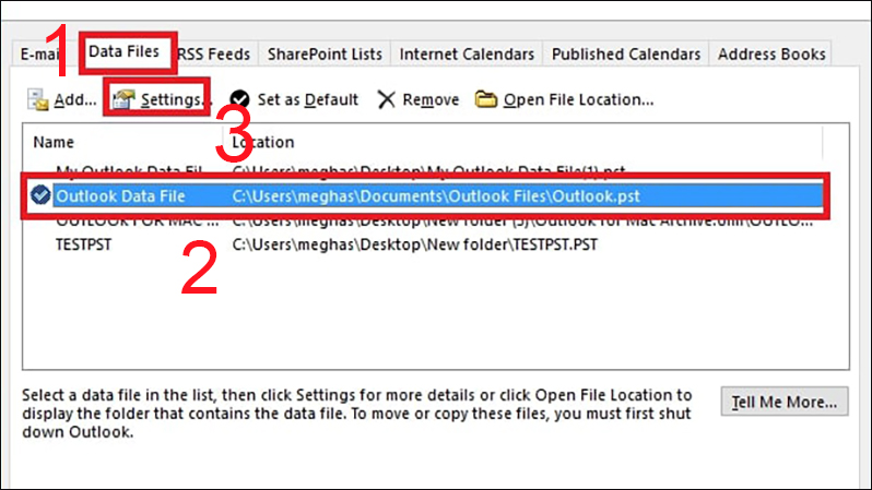 Chọn tên file Outlook và chọn Settings 
