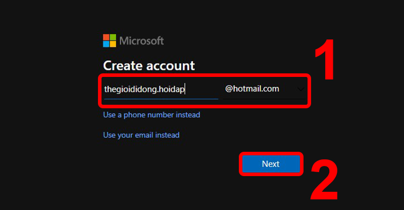 Tạo tài khoản với đuổi @hotmail.com
