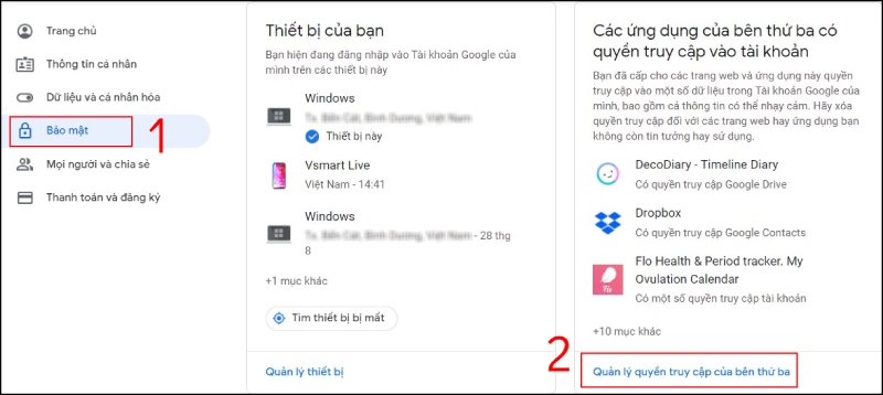 Vào Quản lý quyền truy cập của bên thứ ba trên trang Tài khoản Google