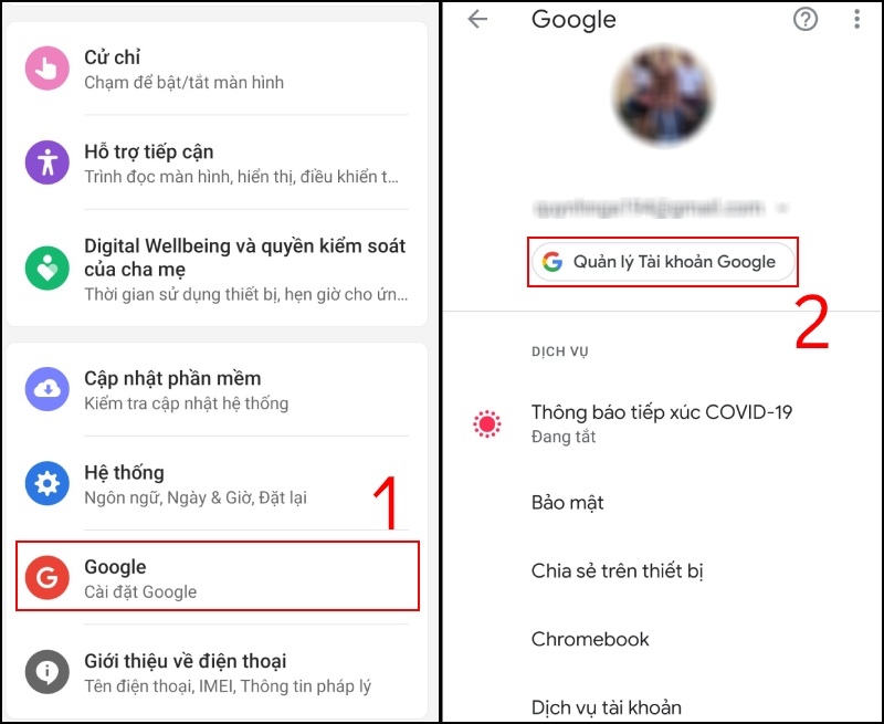 Vào Quản lý Google trong phần Cài đặt trên điện thoại