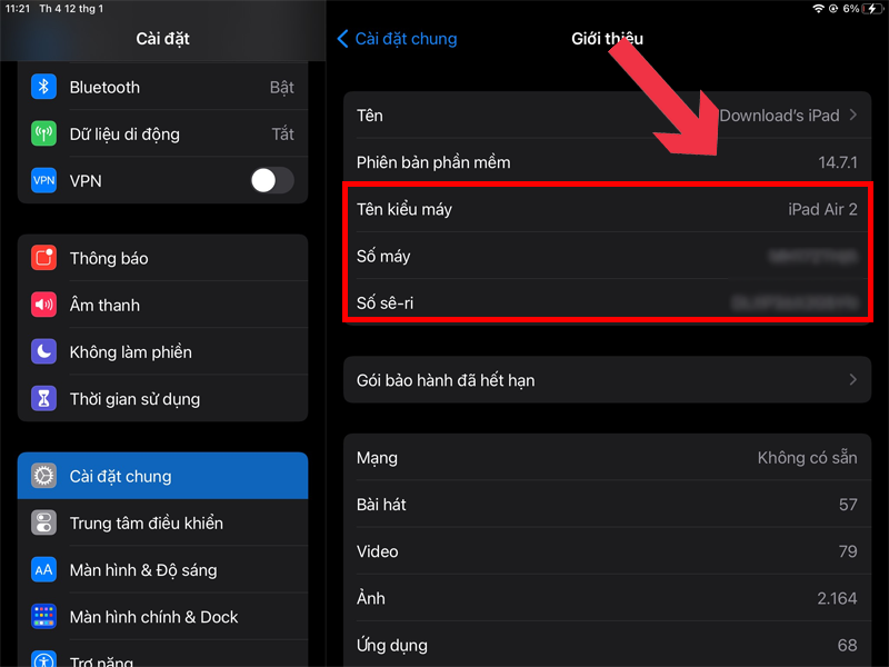 Bạn có thể kiểm tra đời máy iPad của mình ở mục Tên kiểu máy và Số sê-ri