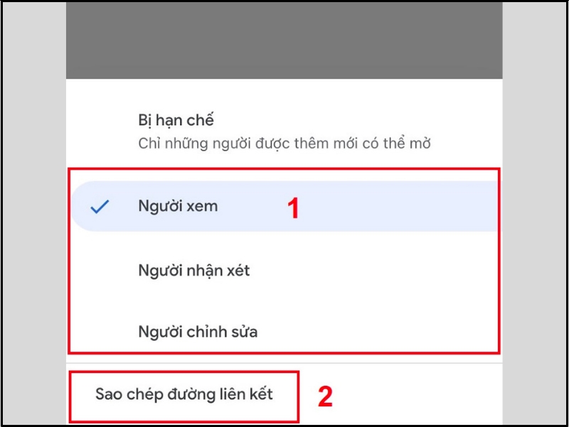 Chọn quyền người bạn muốn chia sẻ