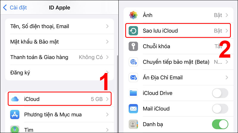 Vào iCloud và chọn mục Sao lưu iCloud