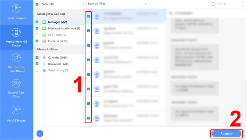 Chọn các tin nhắn cần khôi phục và nhấn Recover