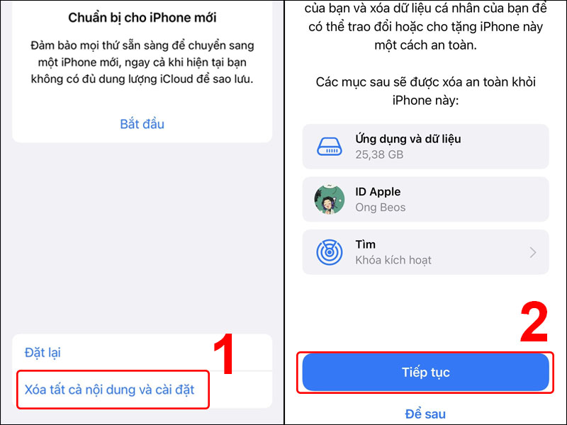 Chọn Xóa tất cả nội dung và cài đặt rồi nhấn Tiếp tục