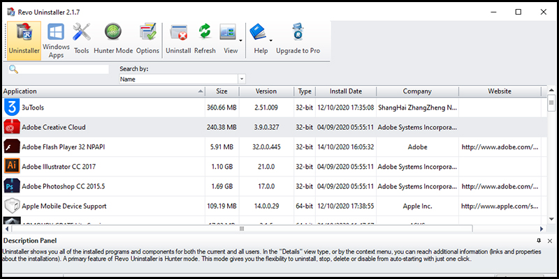 Giao diện gỡ phần mềm của Revo Uninstaller