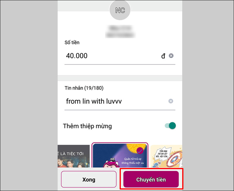 Nhập thông tin chuyển tiền