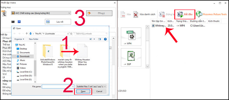 Bước 8: Chúng ta tìm đến thư mục chứa file phụ đề muốn chèn > Nhấn Open để mở file > Nhấn Đồng ý (OK) để tiếp tục việc chèn sub cho video > Chọn mục Bắt đầu (Start) bên trên để tiến hành ghép phụ đề cho video