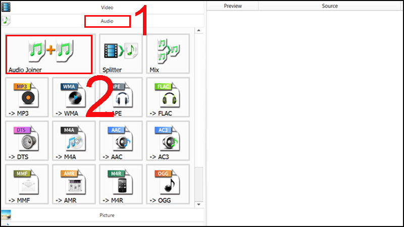 Bước 1: Để ghép nối các file thì sau khi khởi động chương trình Format Factory chúng ta vào mục Advanced rồi chọn Audio Joiner