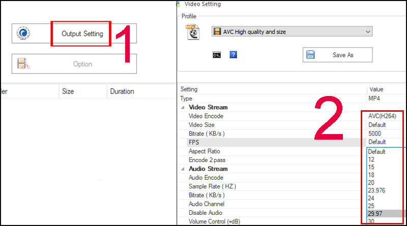 Bước 2: Nhấn vào Output Settings để thiết lập một số thông số cho file nguồn > Chuyển về thông số AVC (H264), Birate chọn 2400 hoặc 5000, FPS chọn Defaults hoặc 29.97 > Nhấn OK để tiếp tục