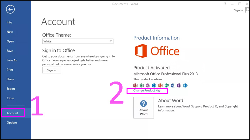 Bước 3: Bạn mở Microsoft Word lên rồi nhấn File > Account. Ở đây sẽ có thông tin về bản dùng thử trong 30 ngày > Nhấn Change Product Key để kích hoạt.