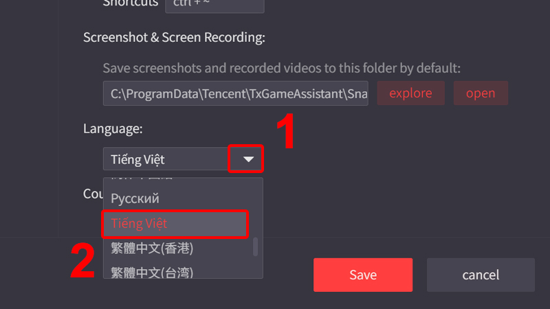 Click vào hình tam giác ngược và chọn Tiếng Việt
