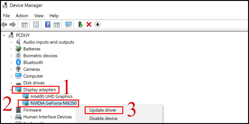 Chọn tiếp vào mục Display adapter, sau đó click chuột phải vào card màn hình NVIDIA và chọn Update Driver