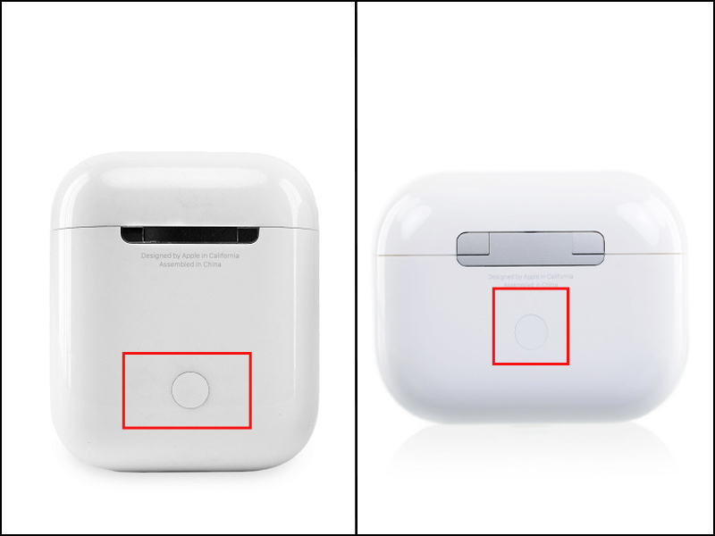 Vị trí của nút ở mặt sau hộp AirPods 2 (bên trái) và đây AirPods Pro (bên phải)