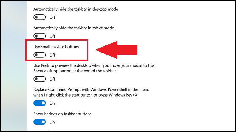 Điều chỉnh thanh trượt ở mục Use small taskbar buttons