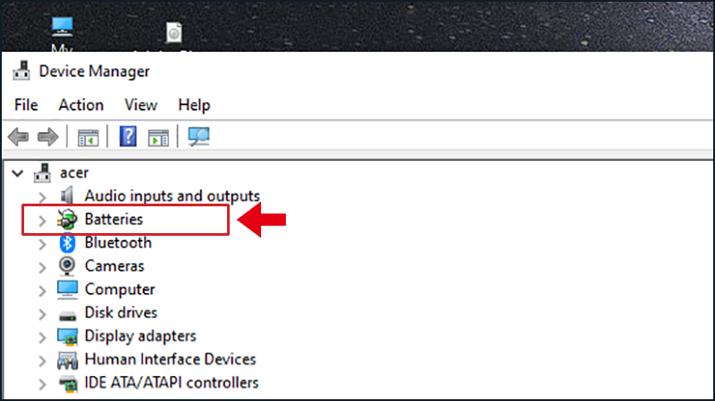 Chọn mục Batteries trong giao diện Device Manager