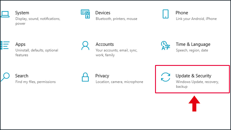 Chọn mục Update & Security trong Settings
