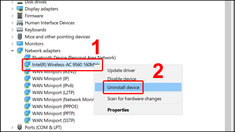 Nhấn chuột phải lên Wireless và chọn Uninstall device