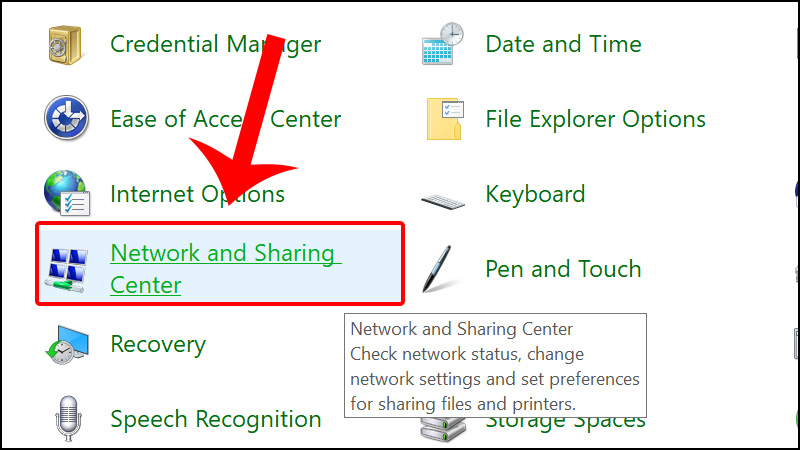 Nhấn vào Netwwork and Sharing Center
