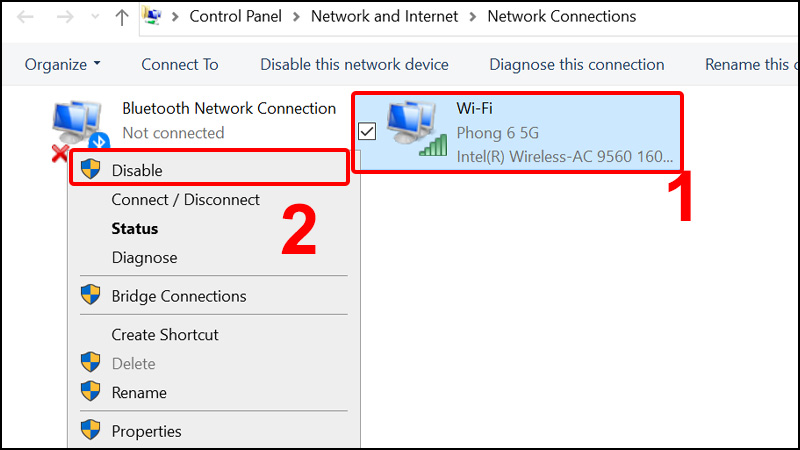 Chuột phải vào Wireless Network Connection và chọn Disable để tắt card WiFi