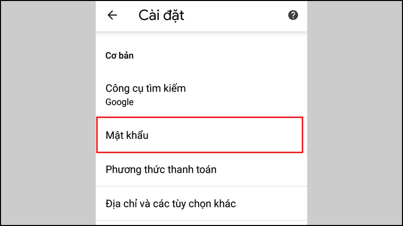 Nhấn vào Mật khẩu