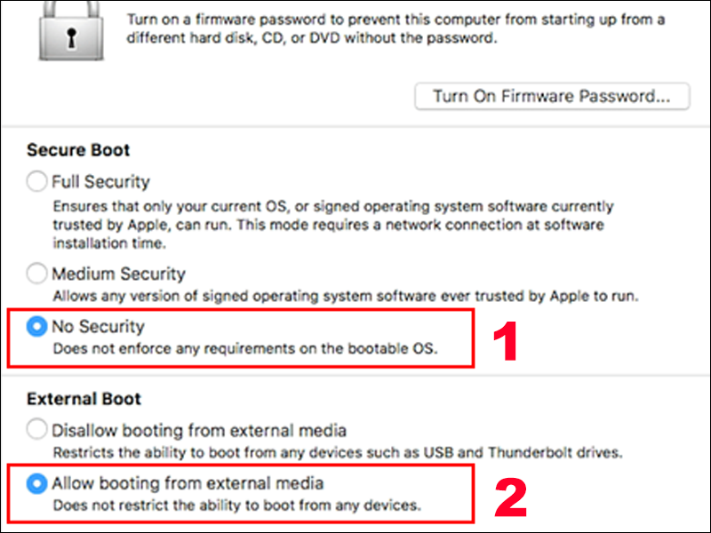 Bạn ấn chọn No Security và Allow booting from external media