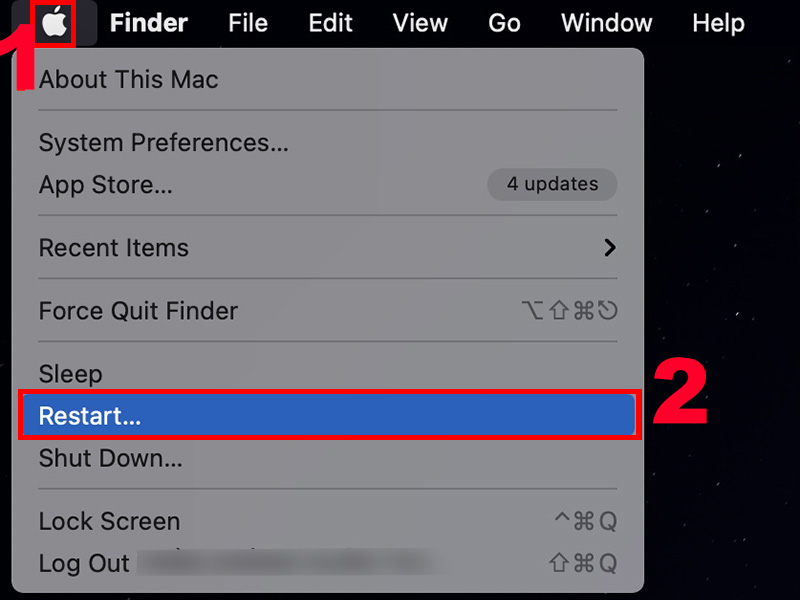 Nhấn vào biểu tượng Apple, chọn Restart
