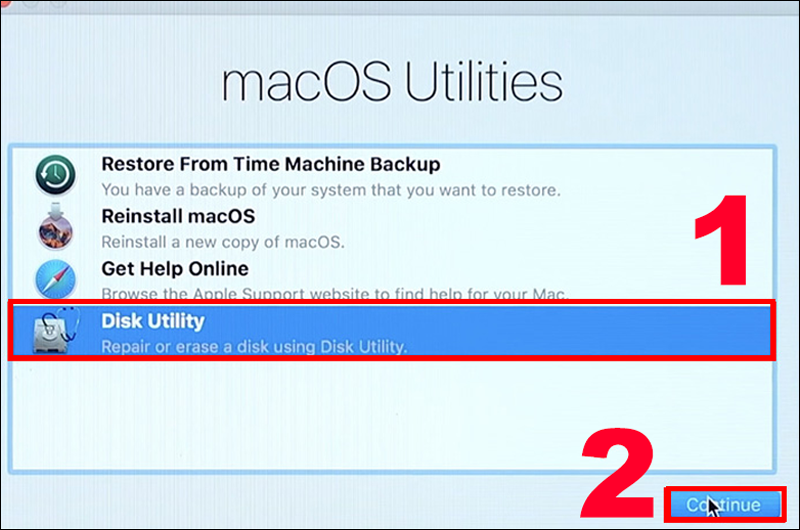 Chọn Disk Utility rồi nhấn Continue