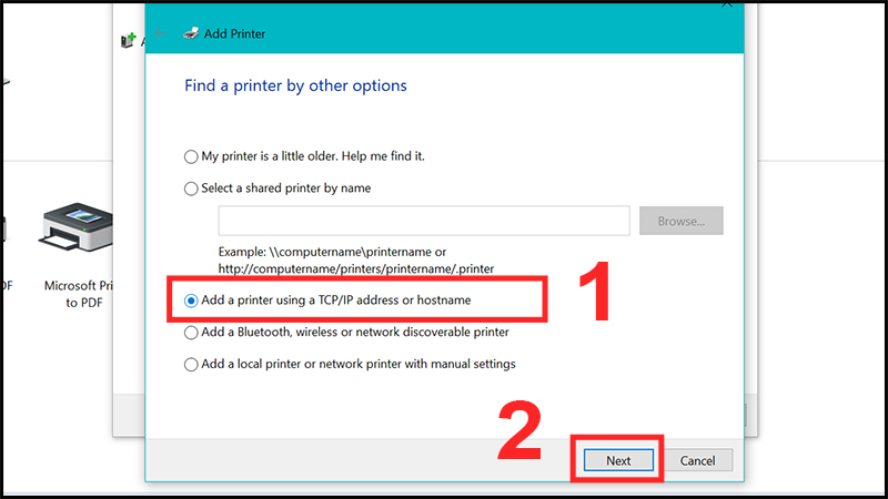 Chọn Add a printer using a TCP/IP address or hostname