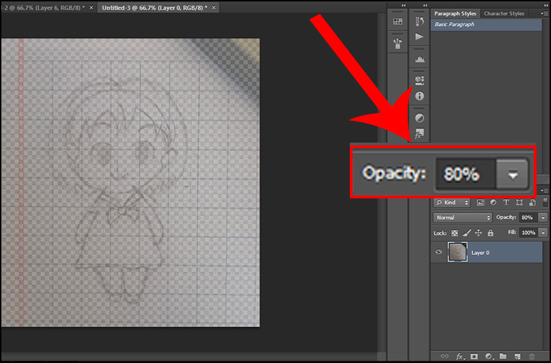 Bước 4: Chuyển Opacity của Layer 0 xuống mức 80%
