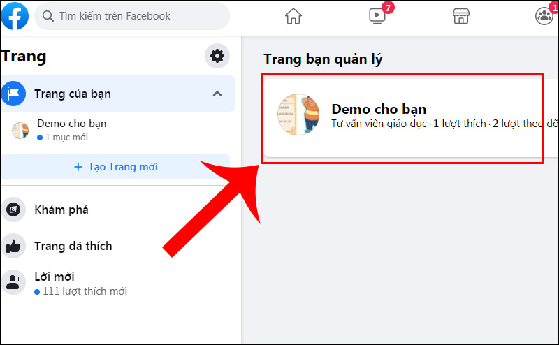 Bước 2: Nhấn vào Trang của bạn.