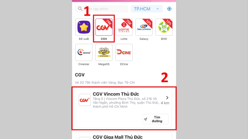 Chọn rạp phim ưa thích > Lựa chọn cụm rạp gần nơi bạn nhất