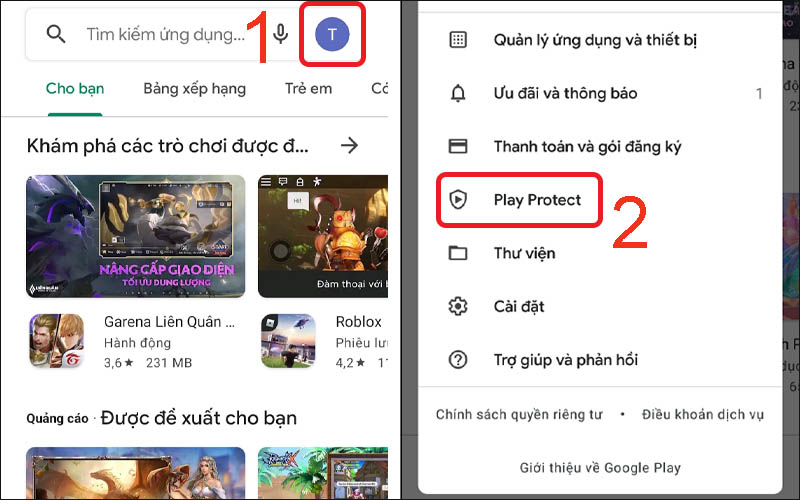  Nhấn vào Hồ sơ rồi chọn Play Protect