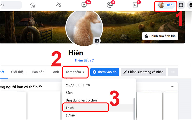 Vào trang cá nhân Facebook chọn Xem thêm và kéo xuống dưới chọn Thích