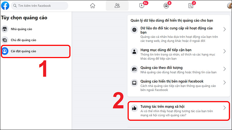 Chọn Cài đặt quảng cáo và chọn Tương tác trên mạng xã hội