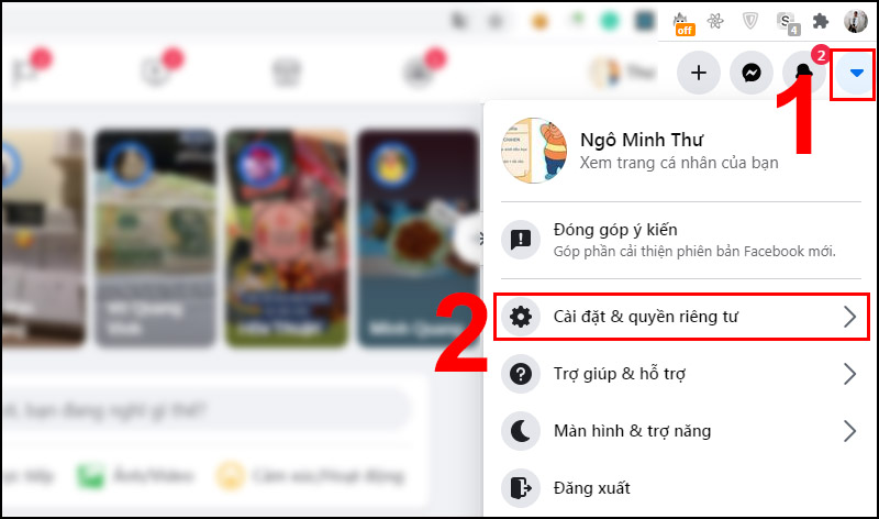 Bước 1: Vào trang Facebook của bạn nhấn vào dấu mũi tên bên trái > Chọn Cài đặt & quyền riêng tư.