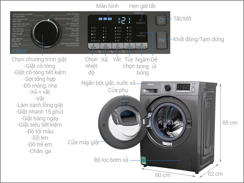 Kích thước máy giặt cửa trước Samsung 9kg WW90K54E0UX/SV