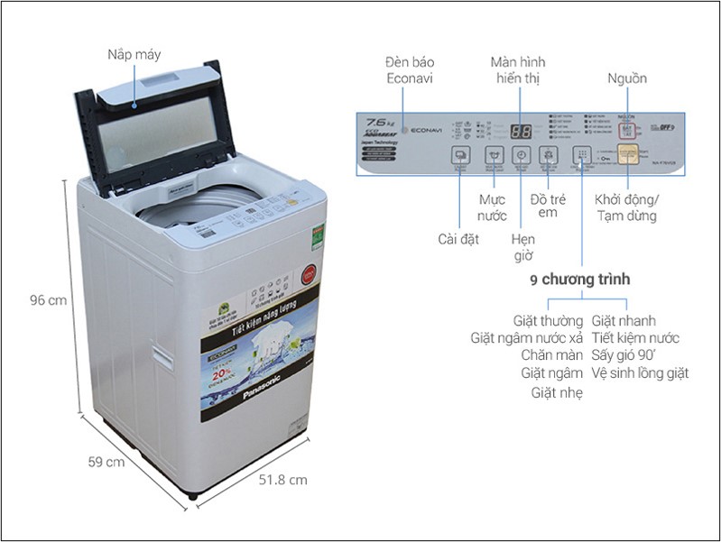 Kích thước máy giặt cửa trên Panasonic 7.6kg NA-F76VG9HRV