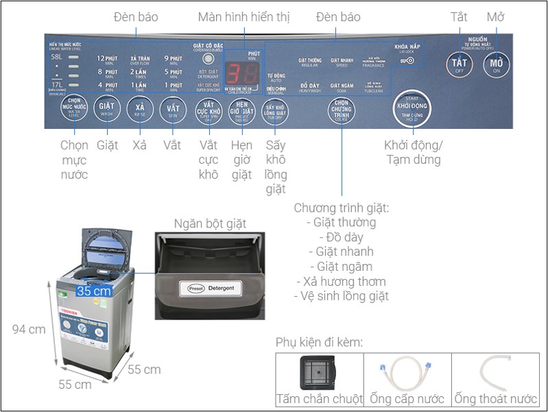 Kích thước máy giặt cửa trên Toshiba 8,2kg AW-J920LV SB