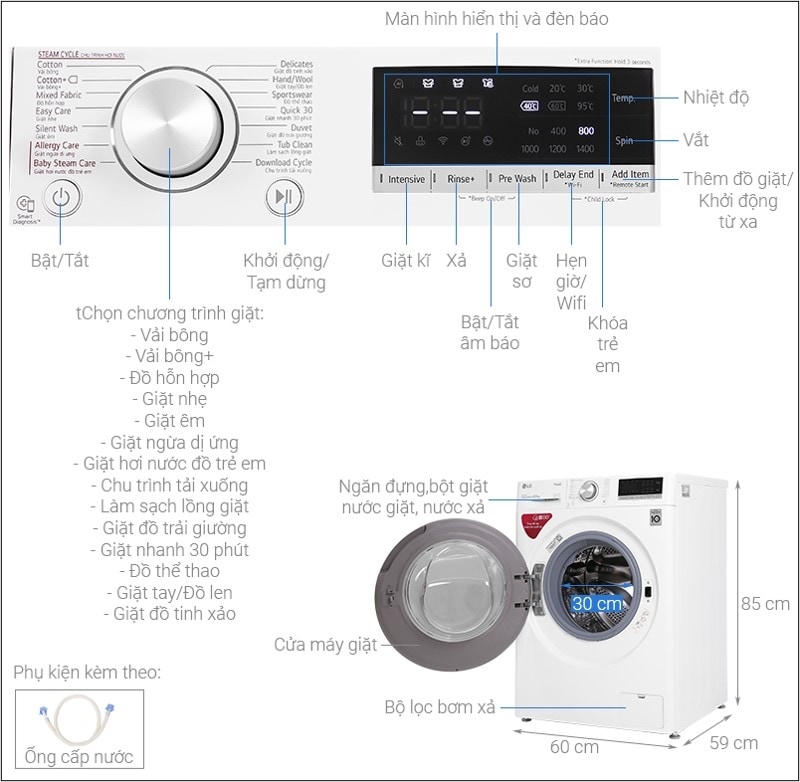 Kích thước máy giặt cửa trước LG 8.5kg FV1408S4W