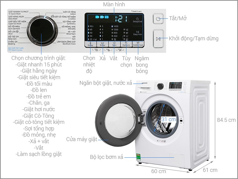 Kích thước máy giặt cửa trước Samsung 8kg WW80J54E0BW/SV