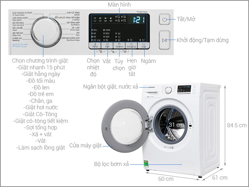 Kích thước máy giặt cửa trước Samsung 7.5kg WW75J42G0KW/SV