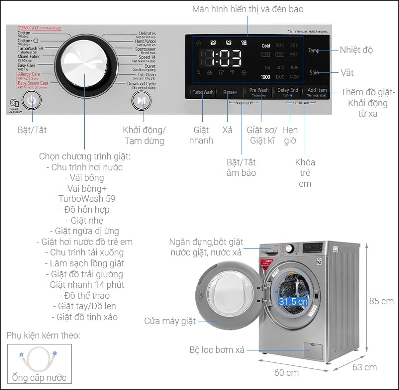 Kích thước máy giặt cửa trên Electrolux 9kg FV1409S2V